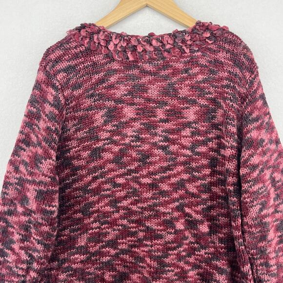 APRIL CORNELL Sweater XL Wool Blend Marled Button Up Cardigan Chunky Fringe Red - Picture 4 of 14